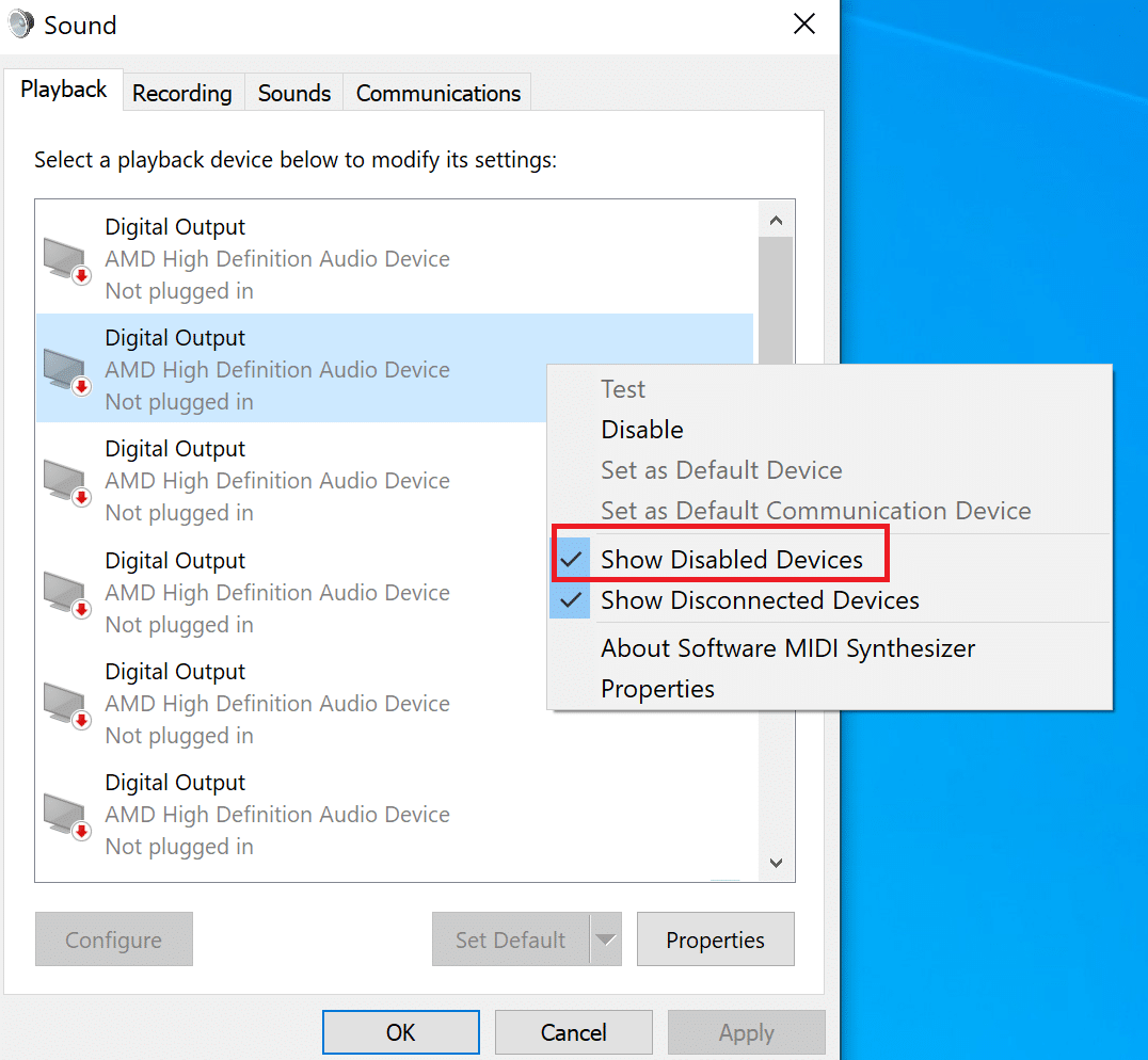 check Show Disabled Devices in the menu