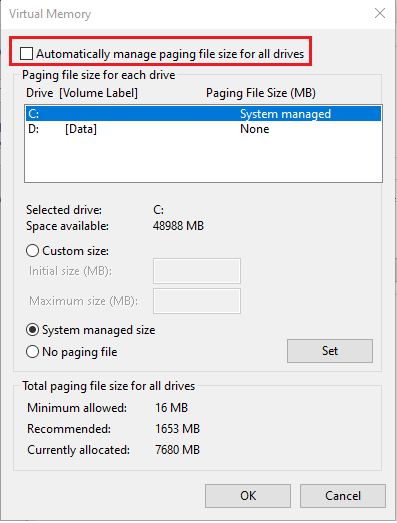 check automatically manage paging file size for all drives option. How to Fix WSAPPX High Disk Usage in Windows 10