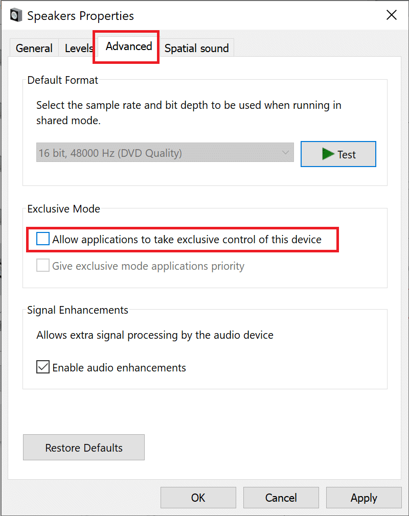 untick the box next to Allow applications to take exclusive control of this device | How to Fix OBS not Capturing Game Audio