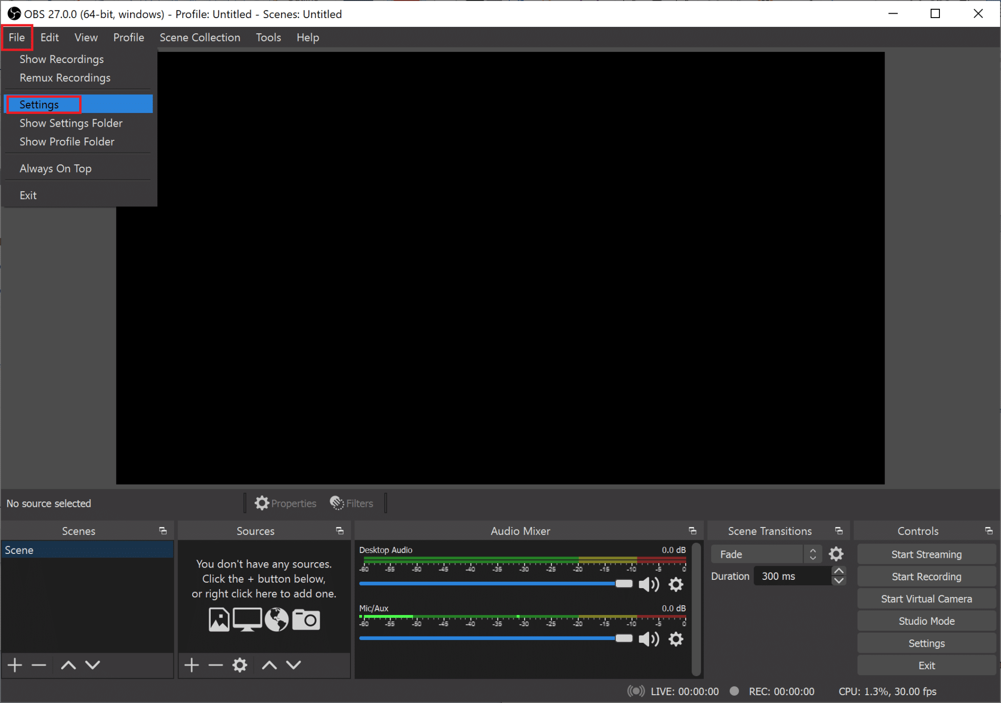 Click on File from the top-left corner and then, click on Settings |How to Fix OBS not Capturing Game Audio