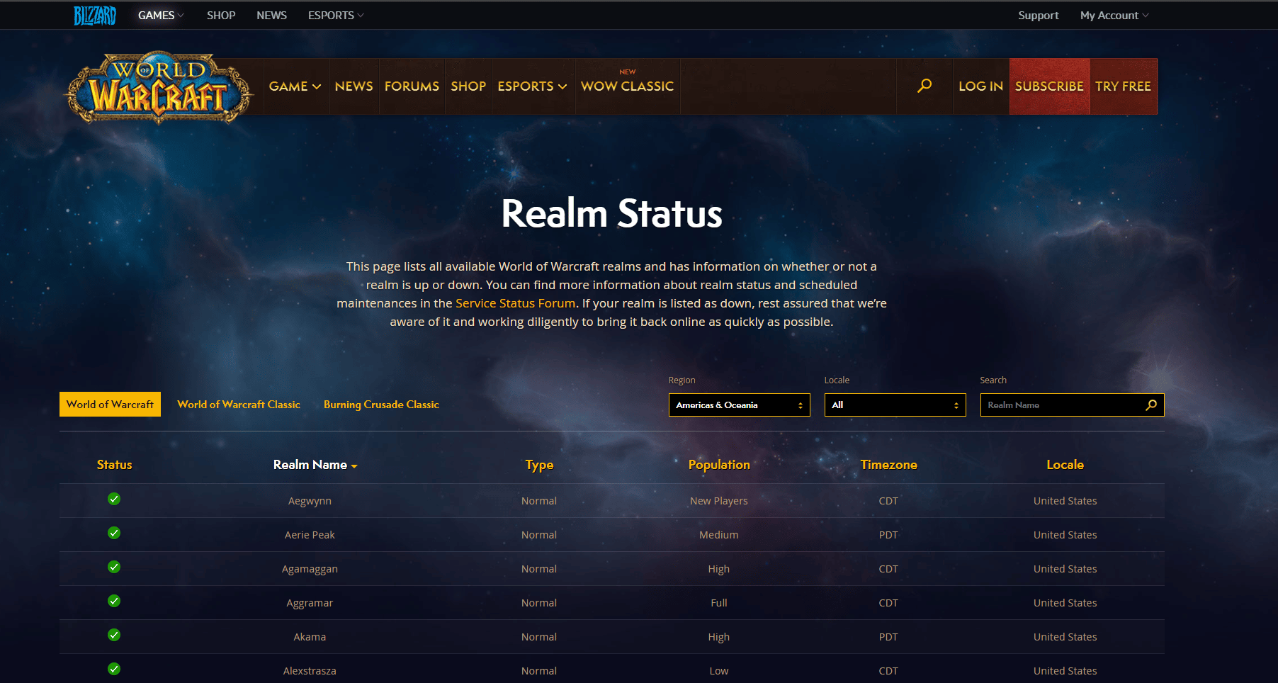 world of warcraft realm status page