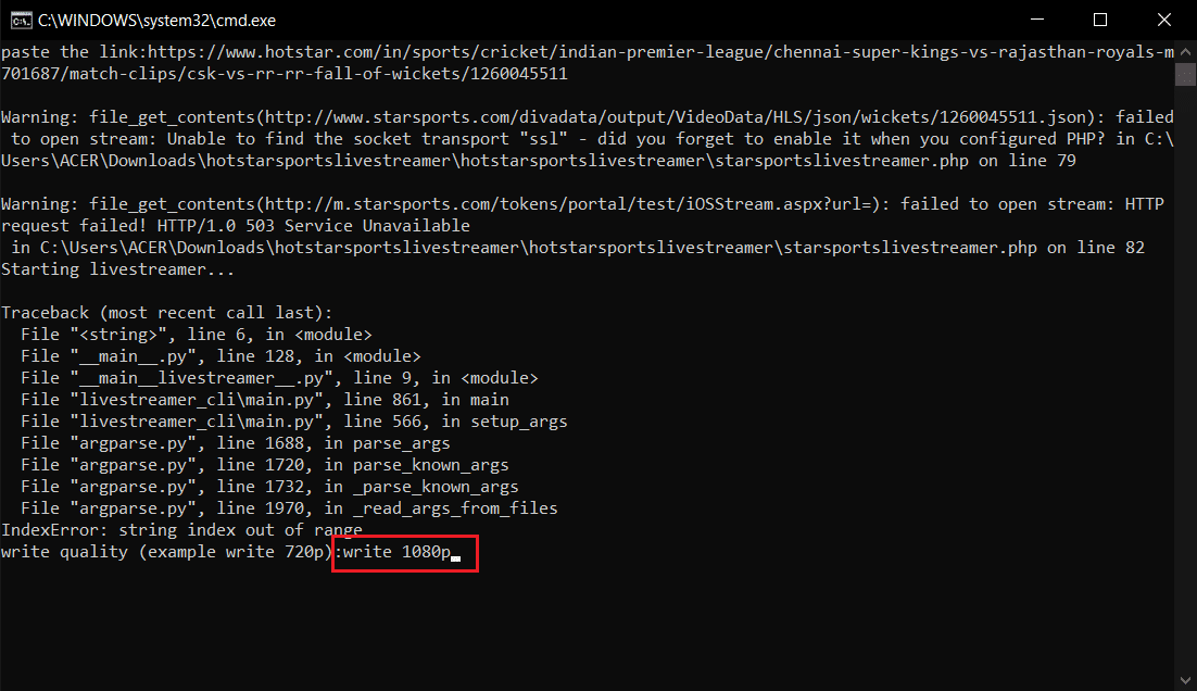 write 1080p command in hotstarlivestreamer command prompt