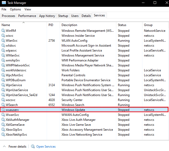 wuauserv service in Task Manager. Fix Windows Update Service Could Not be Stopped