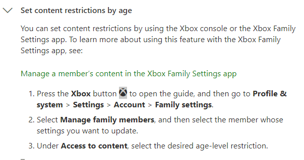 Xbox help for changing age limit restrictions.