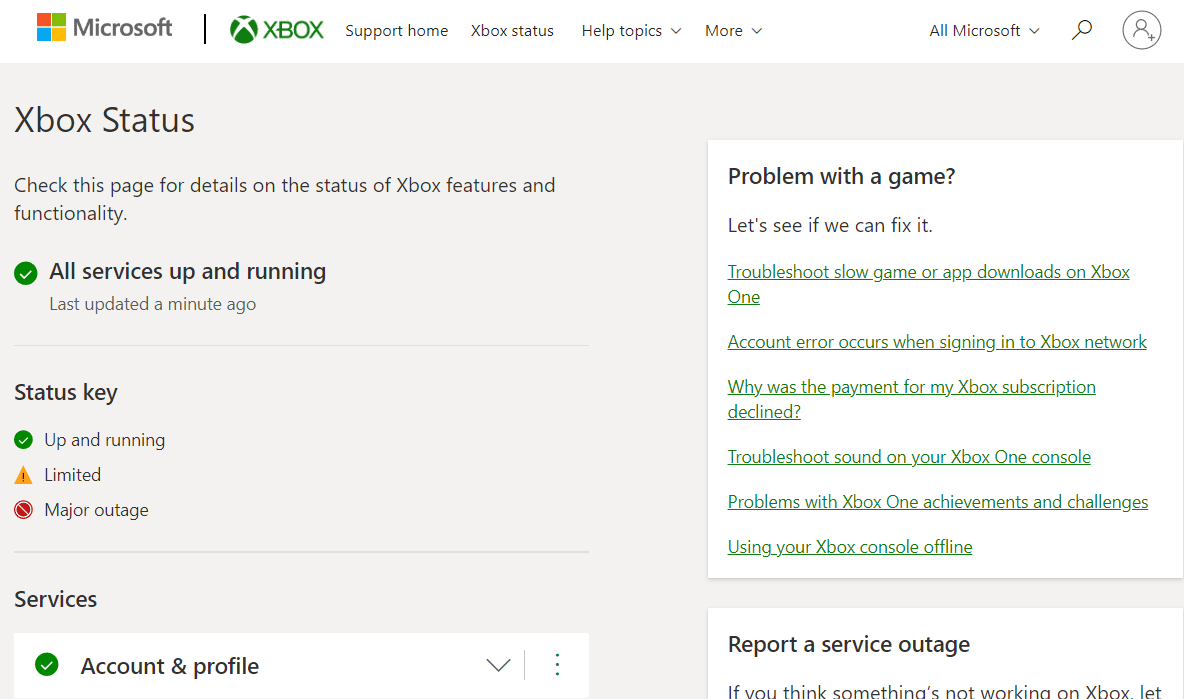 Xbox Live Status page