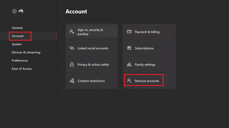 Xbox One Settings, Account, Remove account. Fix Xbox Error Code 0x87af000d