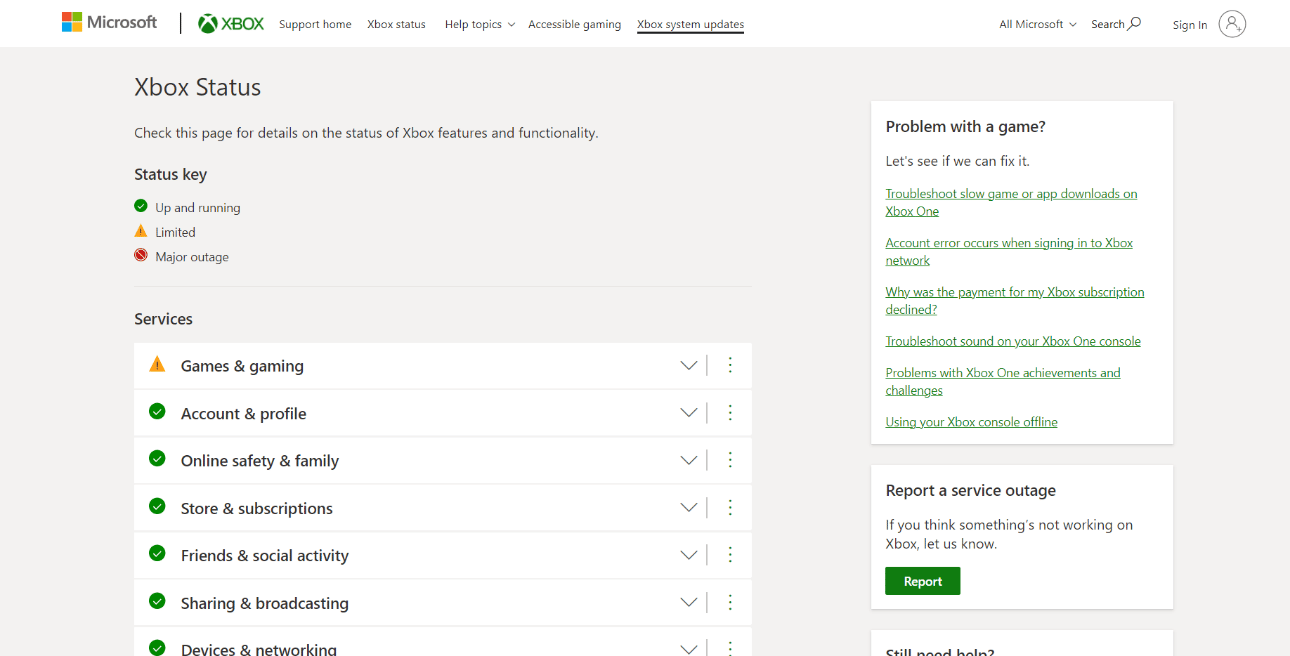 Xbox Server Status Page