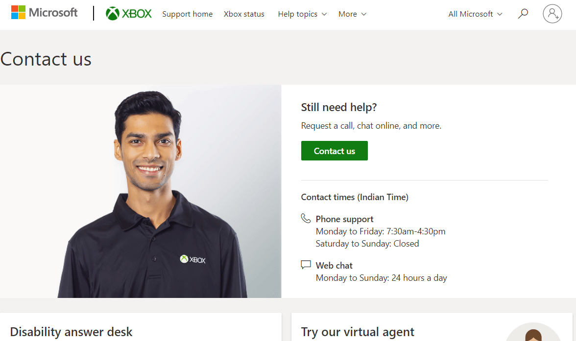 Xbox support page 