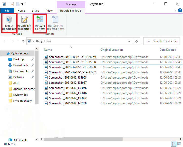 You can either restore/delete the individual item from the recycle bin or if you want to delete/restore all the items, click on Empty Recycle Bin/ Restore all items, respectively.