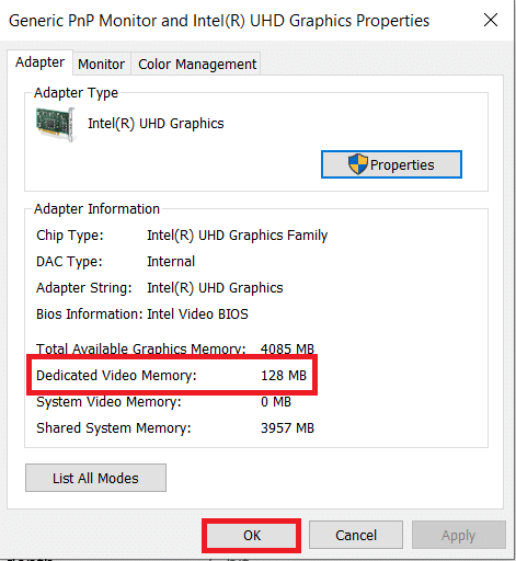You can see the details of VRAM. Click OK to close | How Much VRAM Do I Have on Windows 10