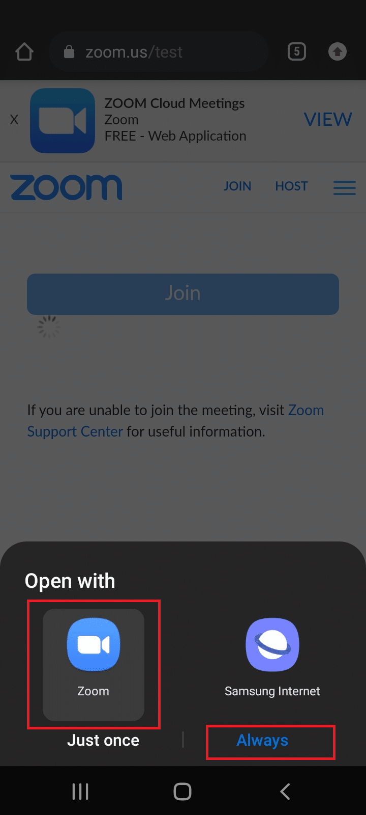 Zoom app and always option highlighted