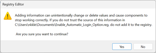 Registry Editor popup warning the user that REG files can be dangerous. Click &quot;Yes.&quot;