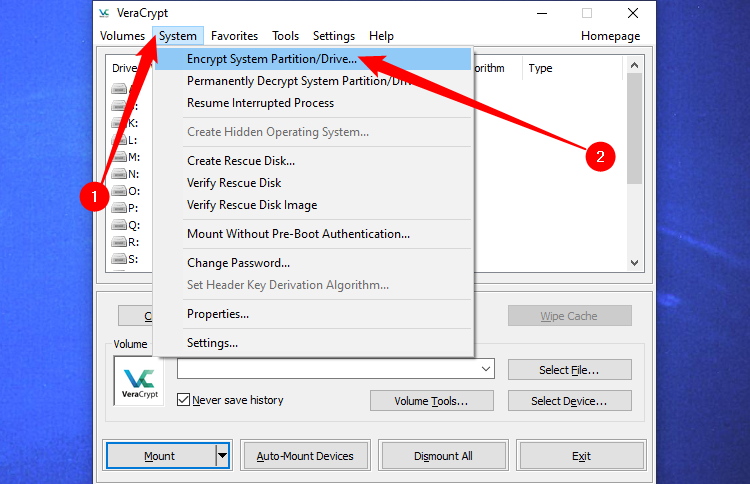 Open the "System" dropdown menu and select 'Encrypt System Partition/Drive." 