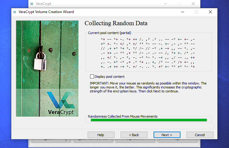Move the mouse around on the VeraCrypt Creation Wizard. There is a bar at the bottom of the screen that will turn green when it is complete, and then "Next" button will become clickable.