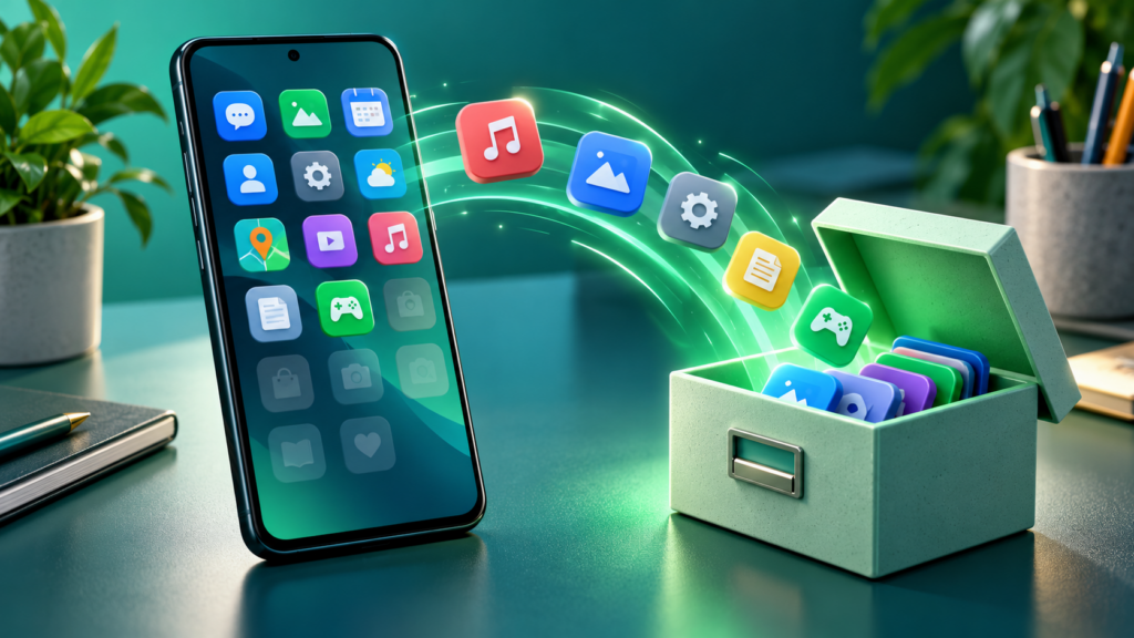 Illustration of archiving Android apps into a storage box