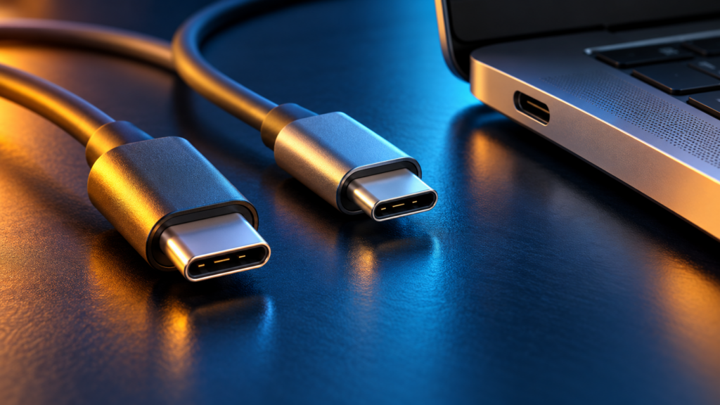 Illustration of USB-C cable connectors beside a laptop