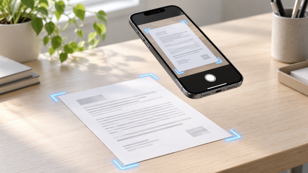 Illustration of an iPhone scanning a paper document