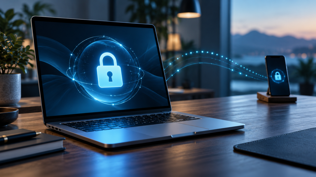 Laptop and phone with glowing lock symbols illustrating Windows 11 Dynamic Lock — conceptual illustration