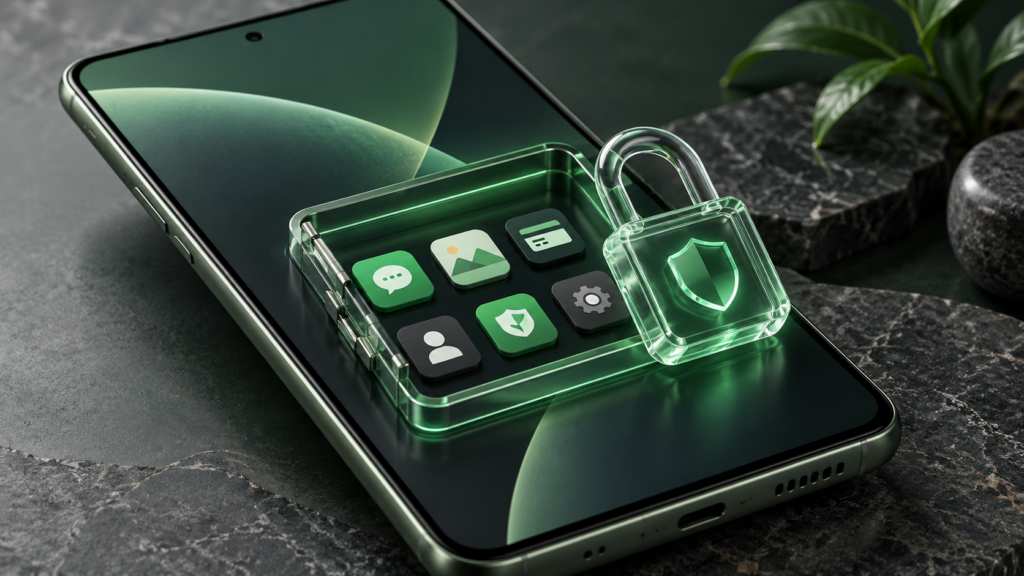 Phone with a separate locked compartment of app icons representing Android Private Space — conceptual illustration