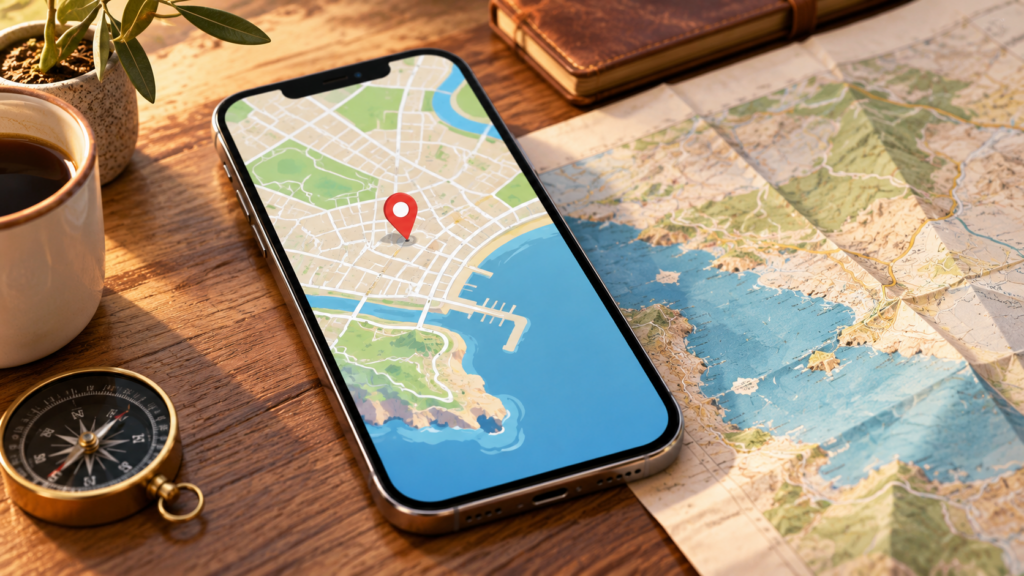 Phone with a map and location pin beside a folded paper map — conceptual illustration