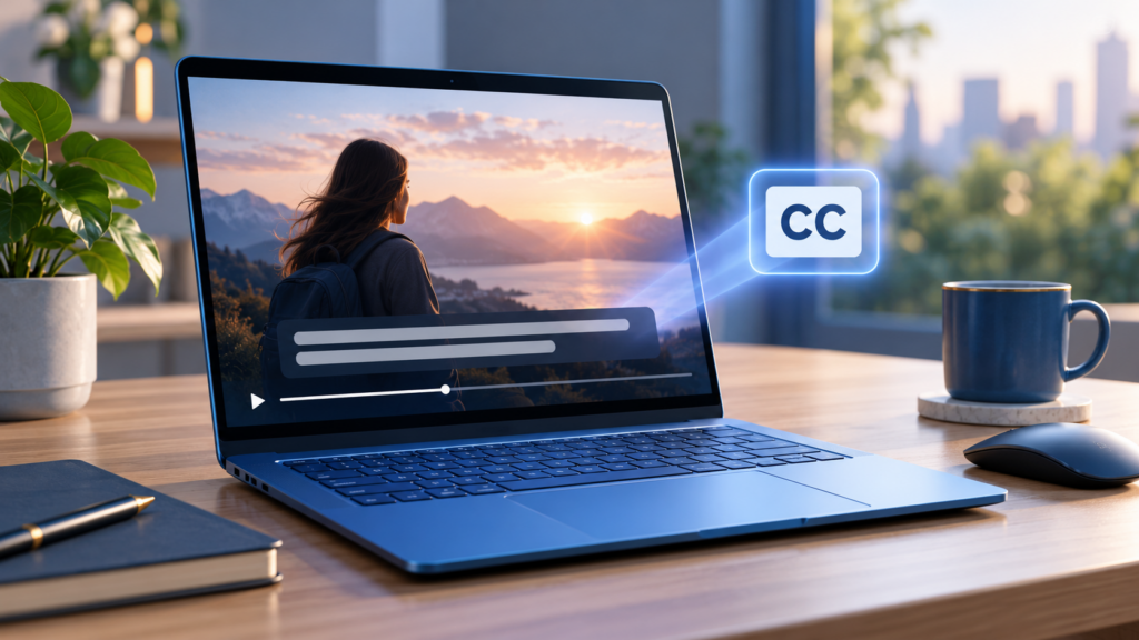 Laptop with caption bars and a CC symbol — conceptual illustration