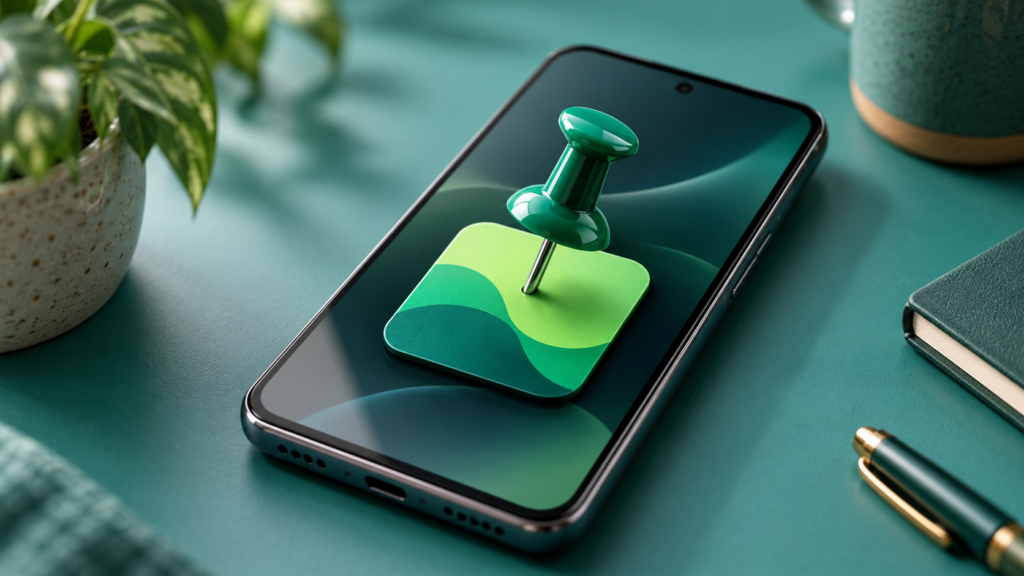 Android-style phone with a green app card and pin — conceptual illustration