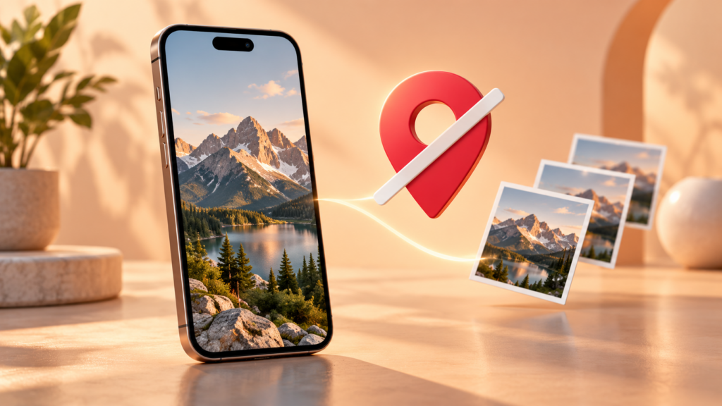 Phone sharing a landscape photograph beside a crossed-out location pin — conceptual illustration