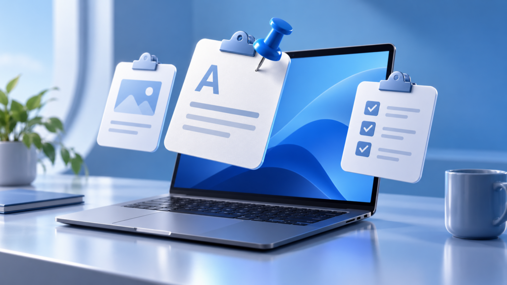 Laptop with pinned clipboard cards illustrating Windows 11 clipboard history