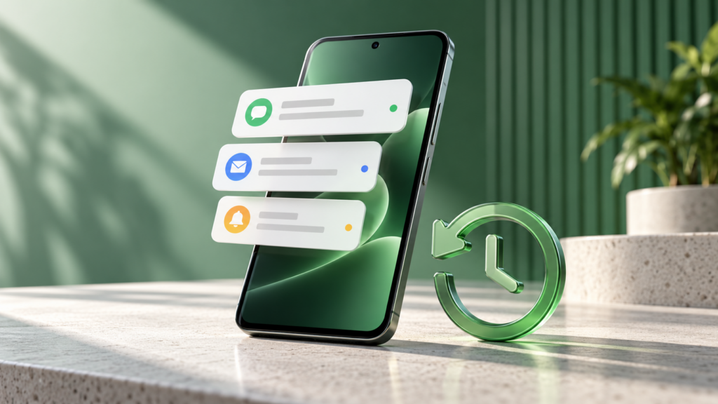 Phone with notification cards and a history clock — conceptual illustration