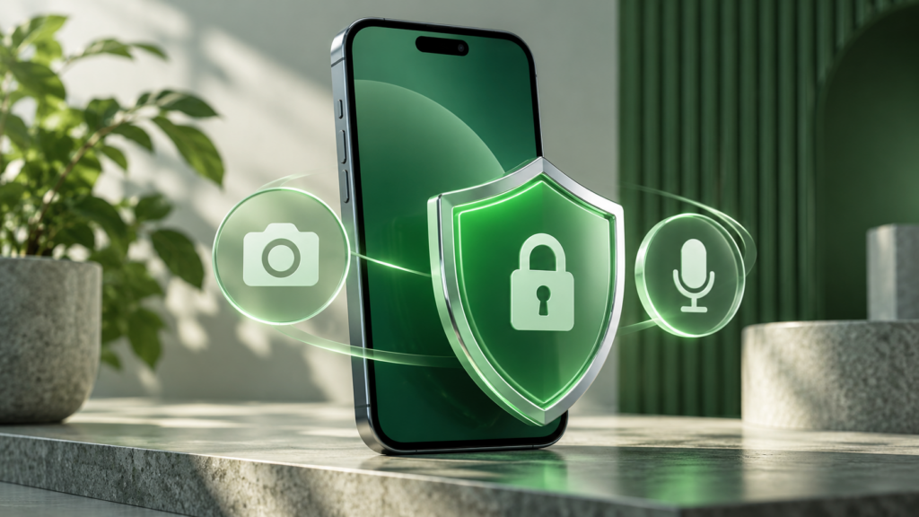 Phone with camera microphone and privacy shield — conceptual illustration