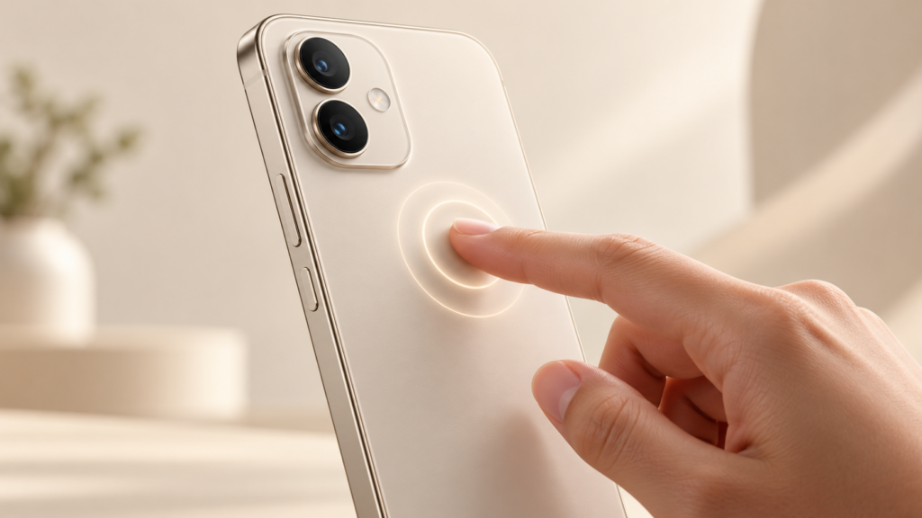 Finger tapping the back of a phone — conceptual illustration