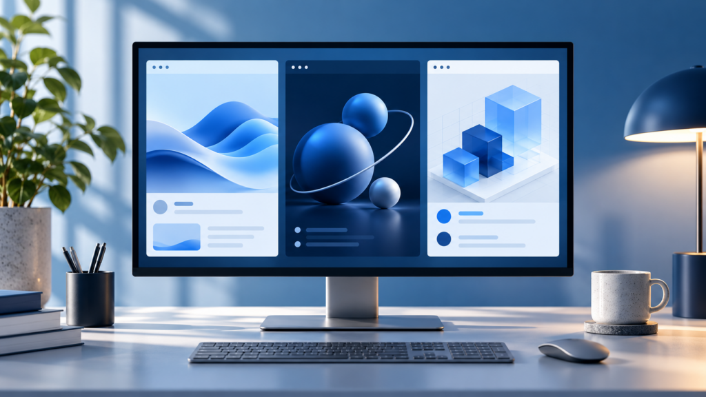 Monitor with tiled application windows — conceptual illustration