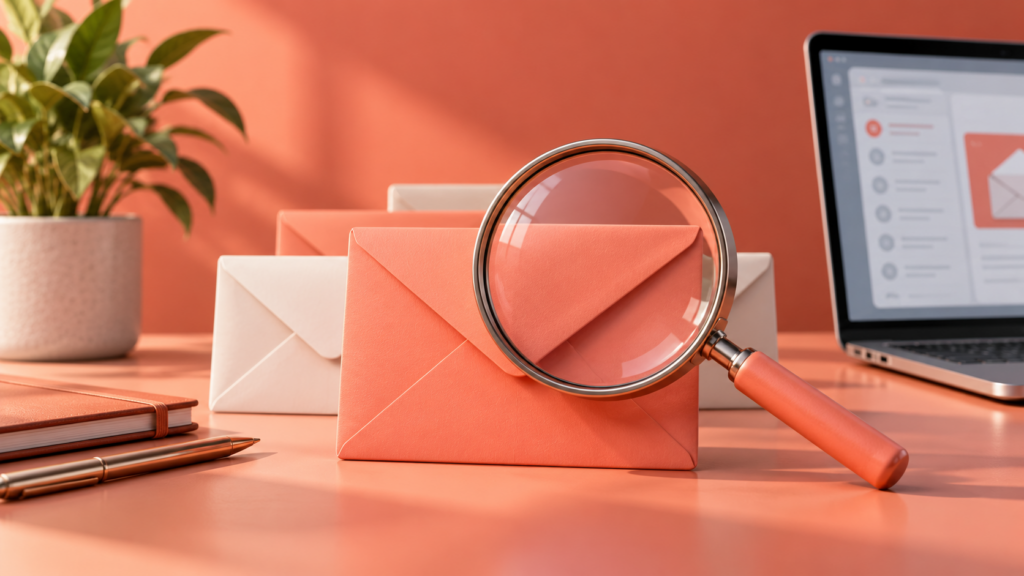 Email envelopes under a magnifying glass — conceptual illustration