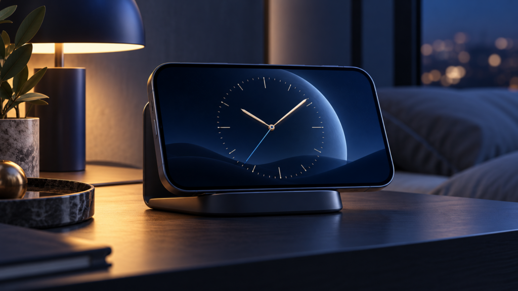 Phone displaying a desk clock on a charging stand — conceptual illustration