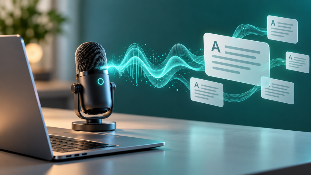 Microphone converting speech into text beside a laptop — conceptual illustration
