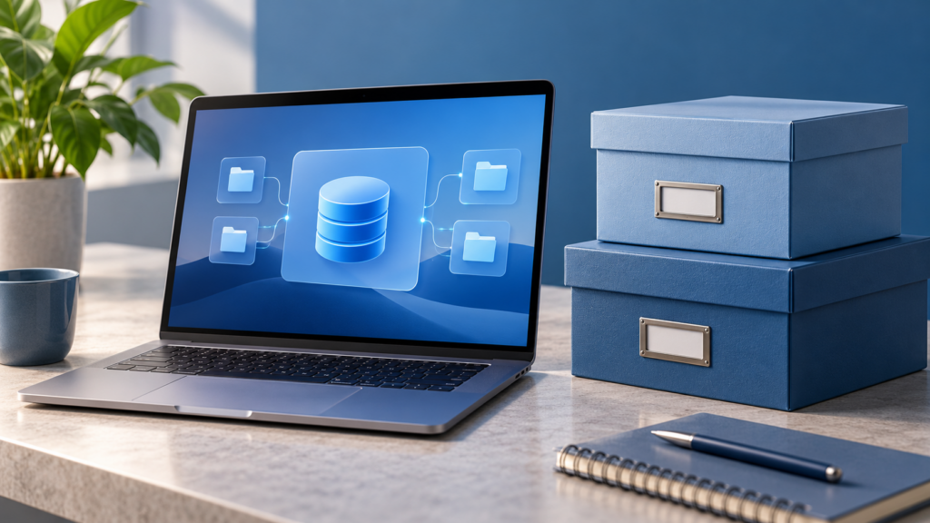 Laptop with storage boxes and a disk — conceptual illustration