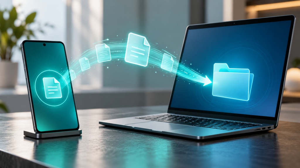 Phone and laptop exchanging a file — conceptual illustration