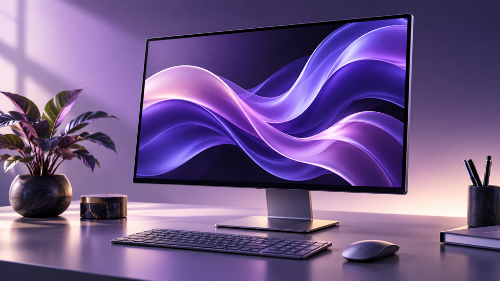 Monitor displaying smooth flowing ribbons — conceptual illustration