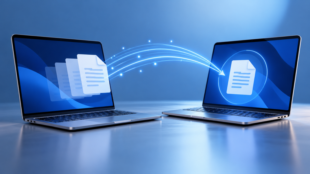 Two laptops sharing a document wirelessly — conceptual illustration
